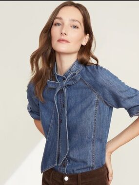 Veronica Beard Soli Neck Tie Denim Blouse in Grotto Size 0